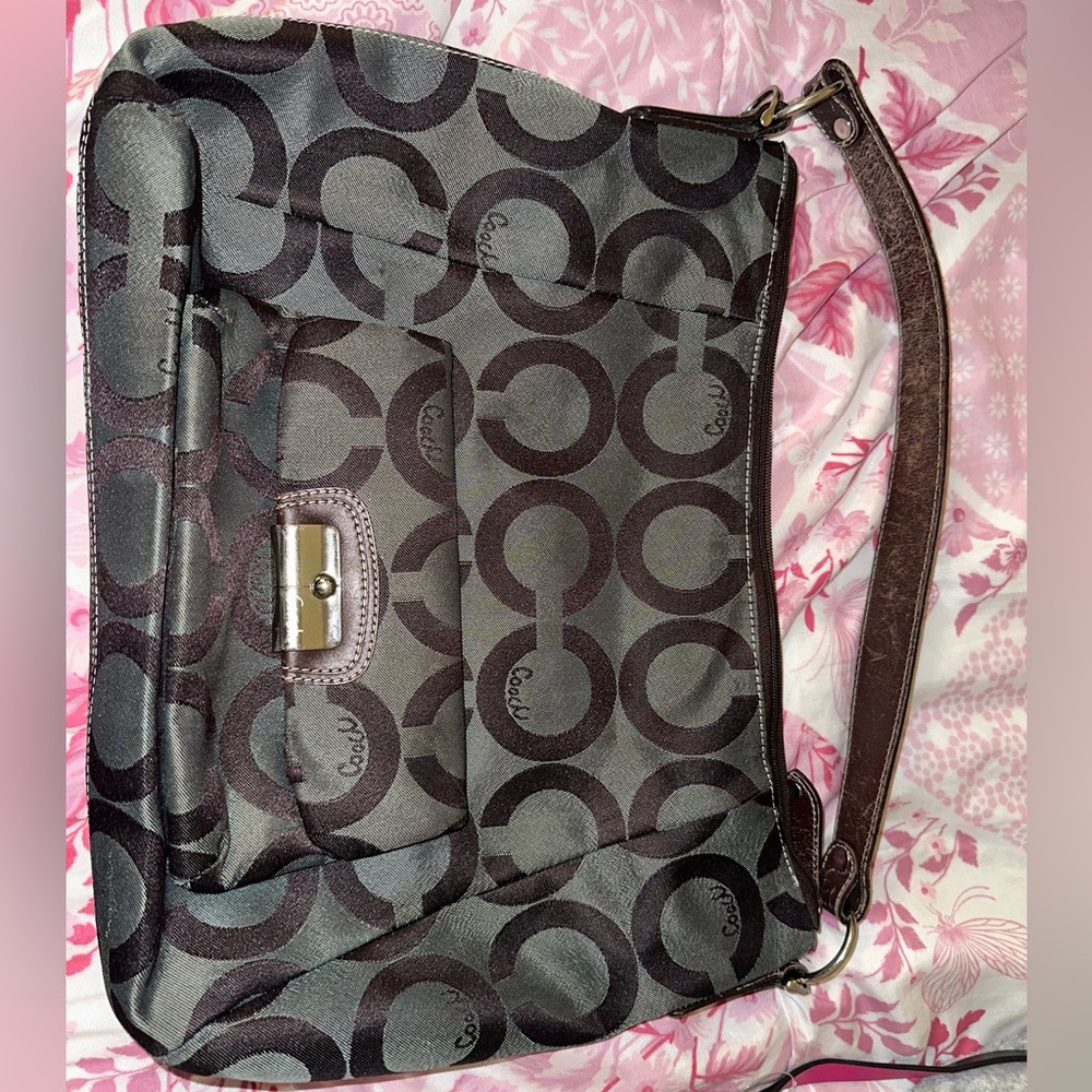 Coach Gray and Brown Shoulder Bags with Signature Monogram